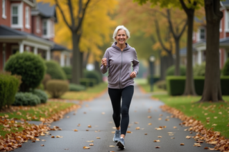 Femme d'âge moyen souriante en tenue de sport dans un quartier calme