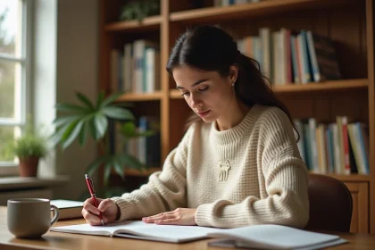 Femme concentrée qui écrit dans un cahier à son bureau, entourée de dictionnaires et livres de grammaire française