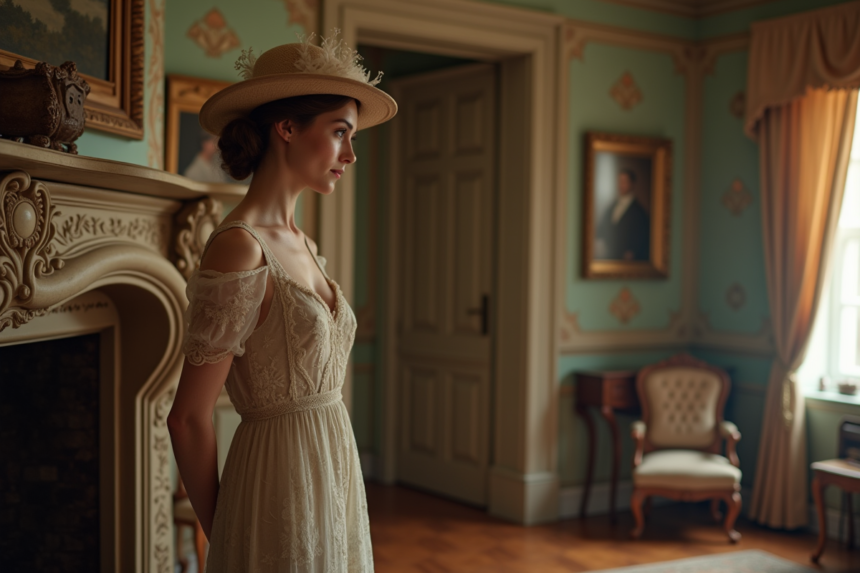 Femme élégante en robe de style Edwardien avec chapeau