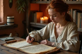 Femme étudiant des symboles runiques gravés sur une pierre posée sur un bureau en bois avec des parchemins et un carnet de notes