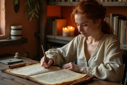 Femme étudiant des symboles runiques gravés sur une pierre posée sur un bureau en bois avec des parchemins et un carnet de notes