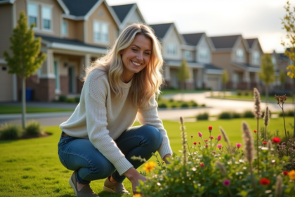 Femme souriante dans son jardin neuf en banlieue