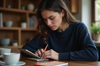 Femme jouant à un jeu de mots type 4 Images 1 Mot sur smartphone à la cuisine
