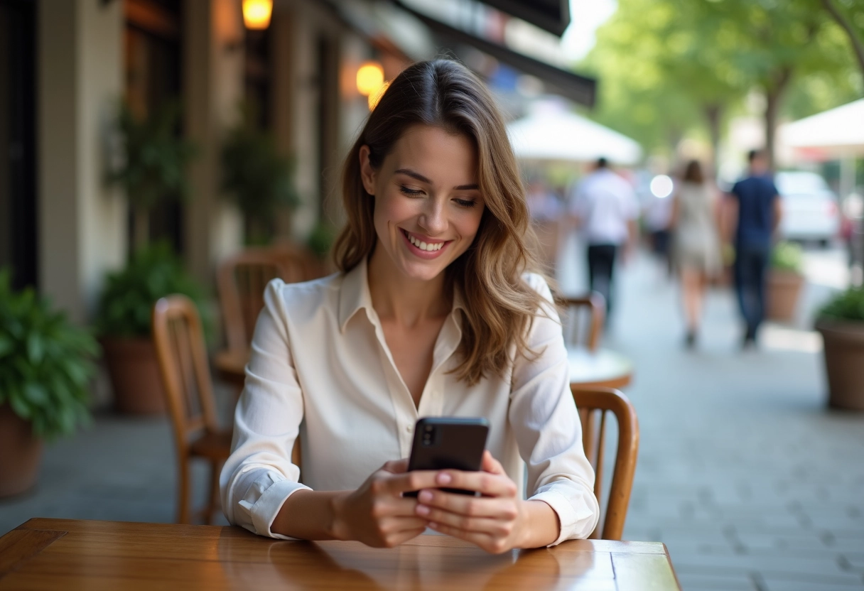 Jeune femme vérifiant Keno sur smartphone au café