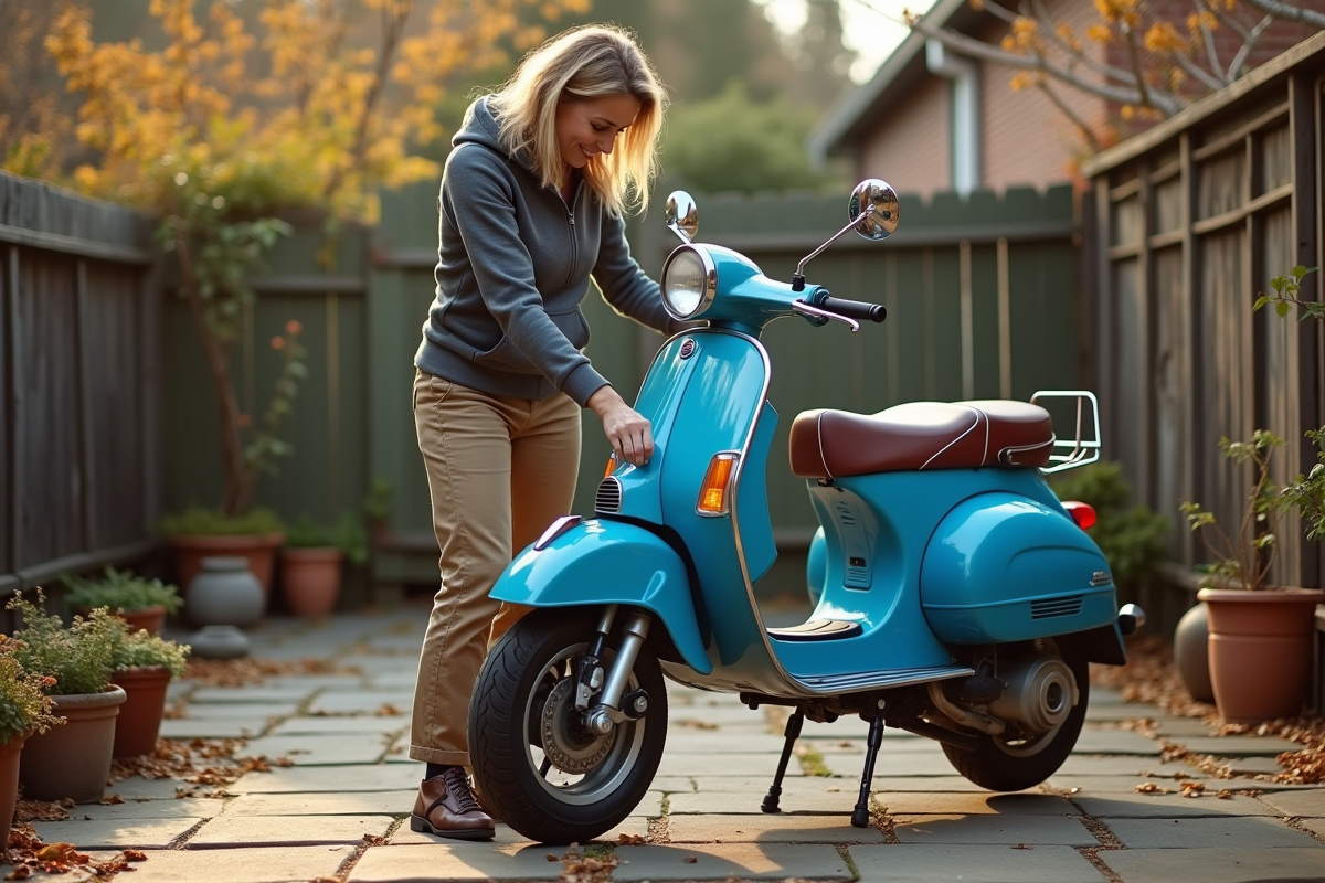 Femme nettoyant un scooter dans un jardin avec feuilles d