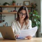 Femme en blouse examinant documents de mortgage à la maison
