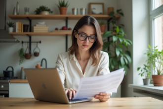 Femme en blouse examinant documents de mortgage à la maison