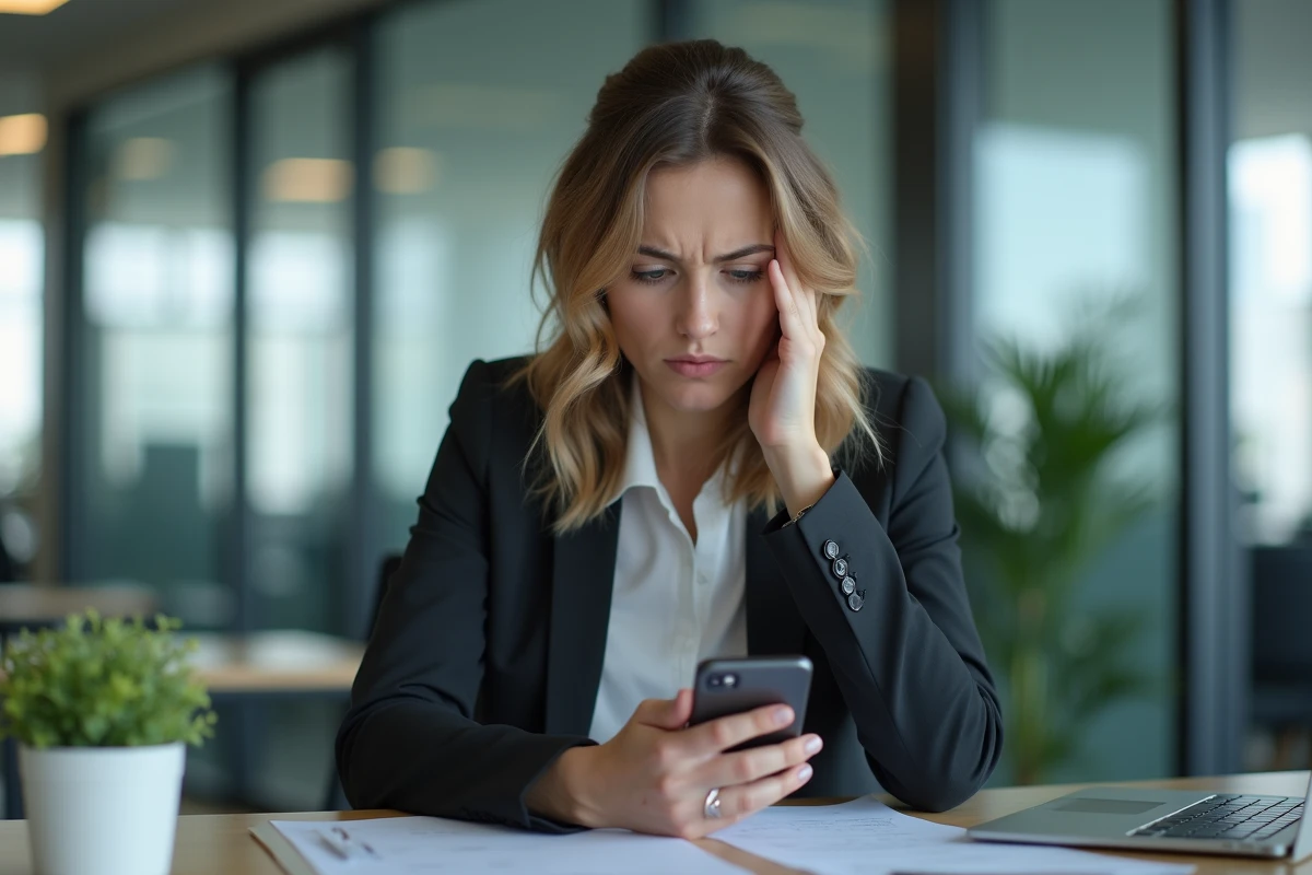 Femme frustrée au bureau regardant son smartphone avec appel 0377