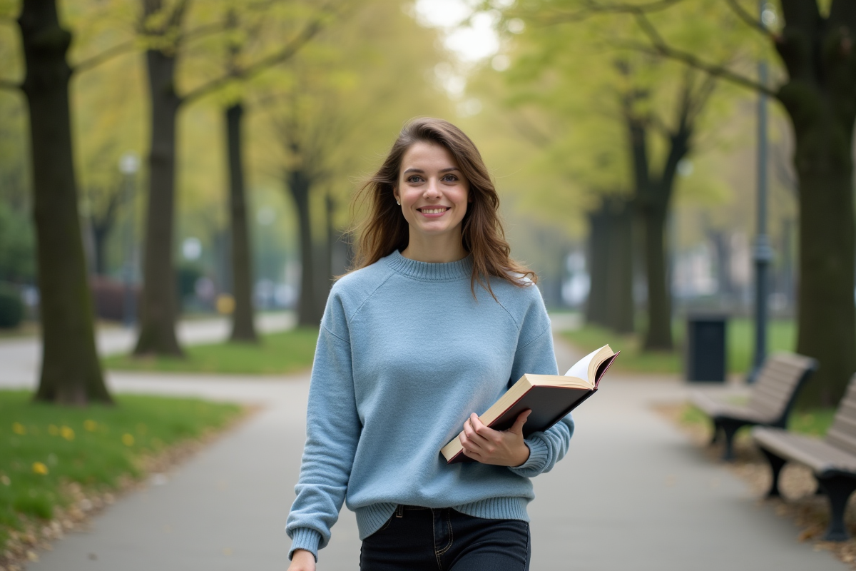 Femme marchant dans parc urbain au printemps
