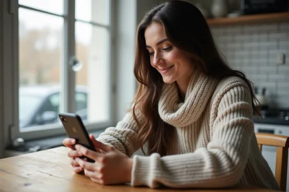 Jeune femme parisienne regardant son smartphone avec appui