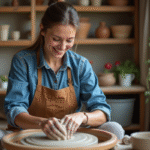 Femme adulte façonnant de l'argile dans un atelier de poterie