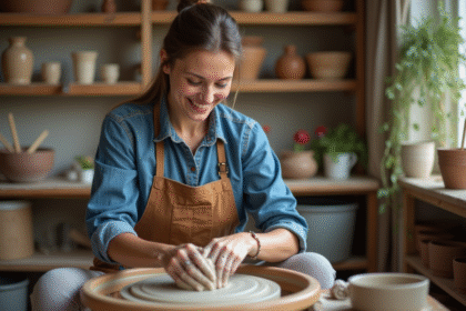 Femme adulte façonnant de l'argile dans un atelier de poterie