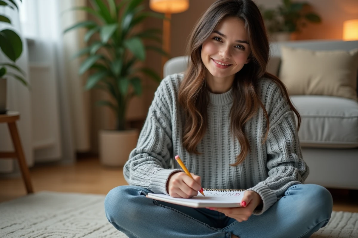 Jeune femme notant des mots sur le thème des animaux pour jouer au pendu dans un carnet