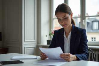 Femme française en blazer bleu examine documents immobiliers
