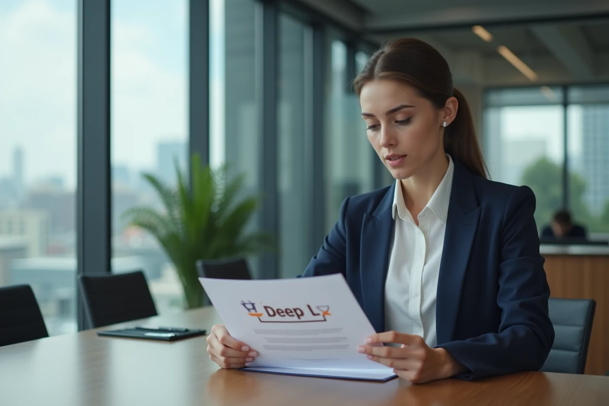 Jeune femme en bureau avec document DeepL