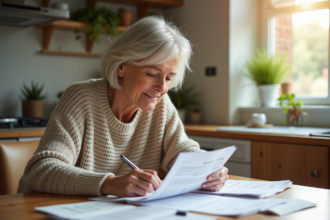 Femme d'âge moyen examinant ses factures à la maison