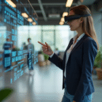 Jeune femme examine une interface AR dans un espace coworking