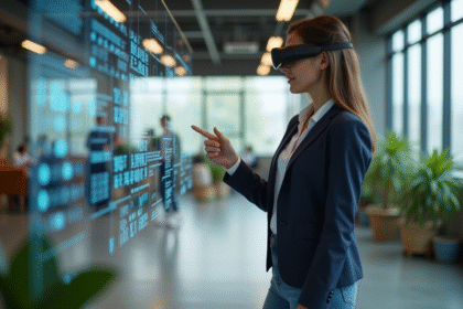 Jeune femme examine une interface AR dans un espace coworking