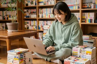 Jeune femme parcourant le site Sushi Scan sur un ordinateur portable entourée de volumes de manga empilés dans un salon cosy