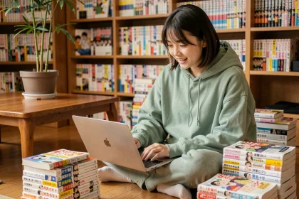 Jeune femme parcourant le site Sushi Scan sur un ordinateur portable entourée de volumes de manga empilés dans un salon cosy