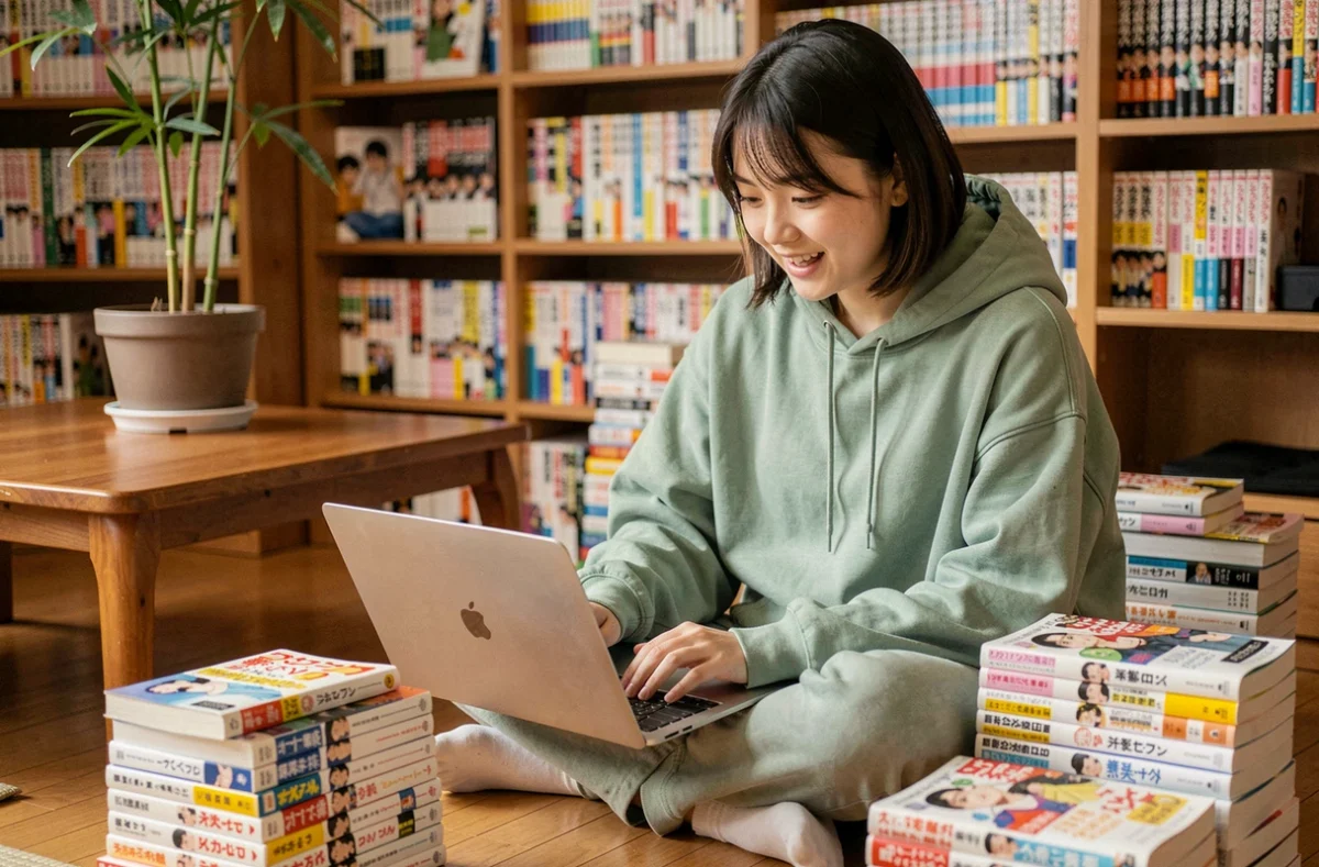 Jeune femme parcourant le site Sushi Scan sur un ordinateur portable entourée de volumes de manga empilés dans un salon cosy