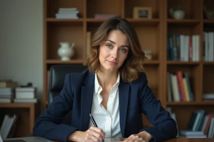 Femme rédigeant une lettre de résiliation formelle à son bureau avec un stylo plume