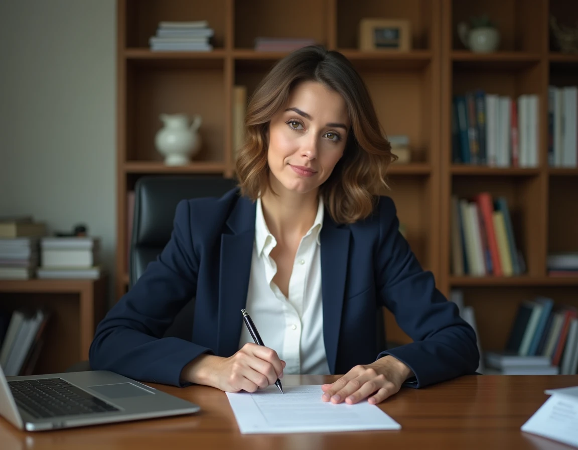 Femme rédigeant une lettre de résiliation formelle à son bureau avec un stylo plume