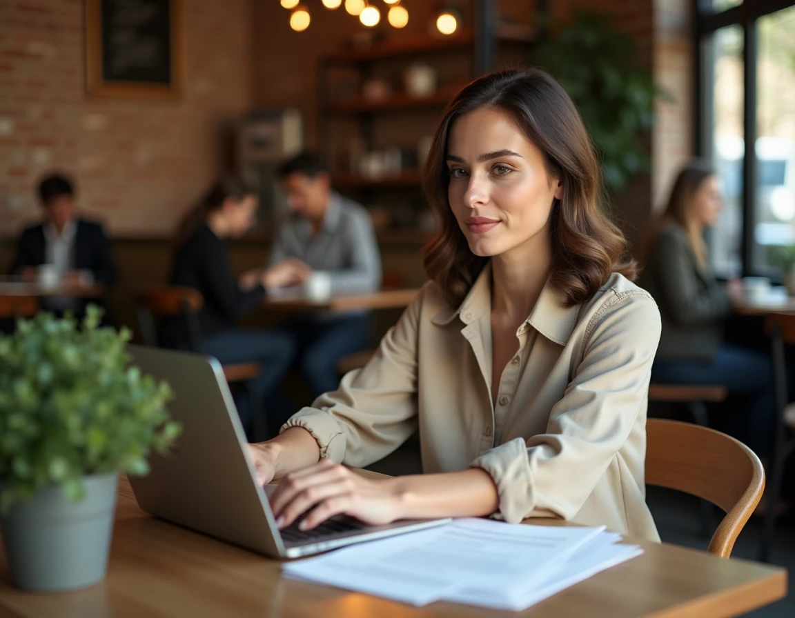Jeune femme rédigeant une lettre de résiliation sur ordinateur portable dans un café urbain