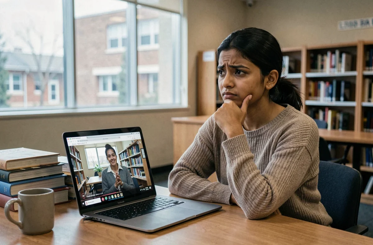 Jeune femme pensive regardant une vidéo humoristique sur son ordinateur portable dans une bibliothèque universitaire, symbolisant la réflexion critique sur l'humour et les représentations culturelles