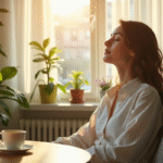 Jeune femme détendue dans un salon lumineux avec plantes vertes