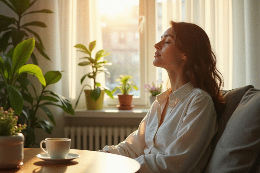 Jeune femme détendue dans un salon lumineux avec plantes vertes