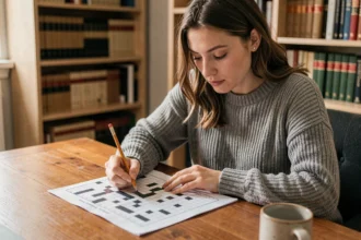 Jeune femme concentrée résolvant un puzzle de mots sur papier à son bureau à domicile, illustration de la soluce Pédantix