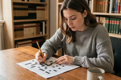 Jeune femme concentrée résolvant un puzzle de mots sur papier à son bureau à domicile, illustration de la soluce Pédantix