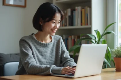 Jeune femme concentrée jouant à un jeu de mots en ligne sur son ordinateur portable, routine quotidienne de 5 minutes pour progresser au Sutom