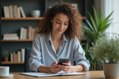 Jeune femme pensante regardant son smartphone dans un bureau moderne