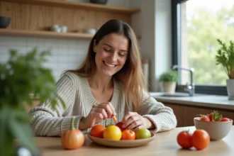 Femme souriante prenant une vitamine avec fruits frais