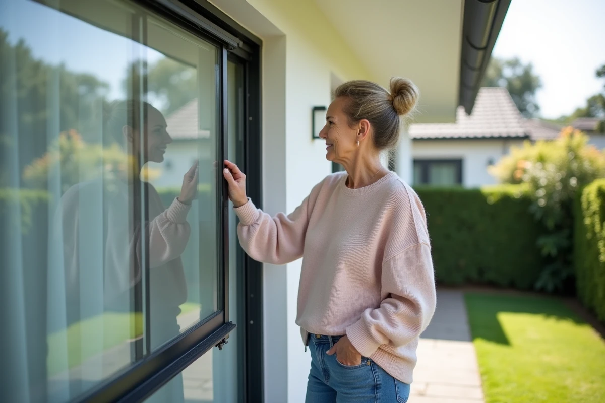 Femme inspectant un volet roulant solaire moderne devant une maison
