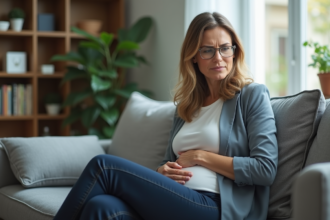 Femme d'âge moyen assise pensivement sur un canapé