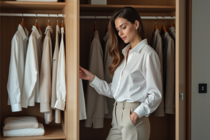 Femme élégante choisissant une chemise blanche dans une chambre moderne