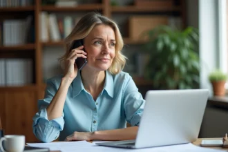 Femme au téléphone cherchant à identifier le pays correspondant au numéro 234 depuis son bureau à domicile