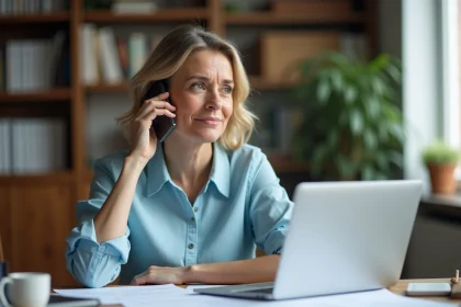 Femme au téléphone cherchant à identifier le pays correspondant au numéro 234 depuis son bureau à domicile