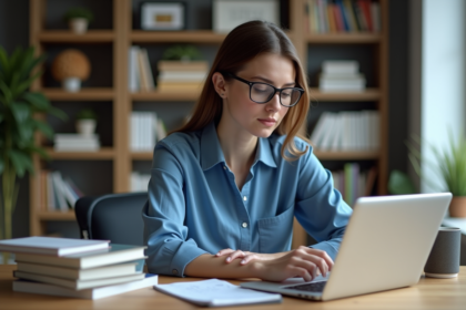 Jeune femme professionnelle compare logiciels de traduction