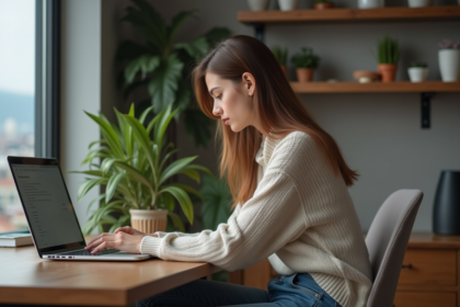 Jeune femme travaillant sur son ordinateur à la maison