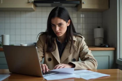 Femme en trench regardant son ordinateur à Paris