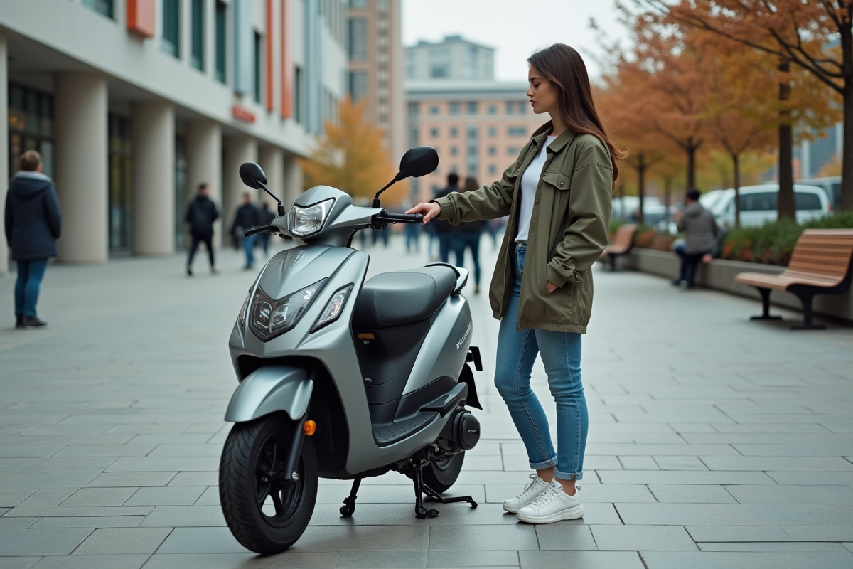 Femme regardant une moto 50cc dans une place urbaine