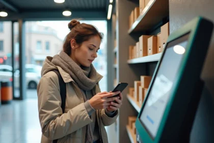Femme avec smartphone dans point relais urbain