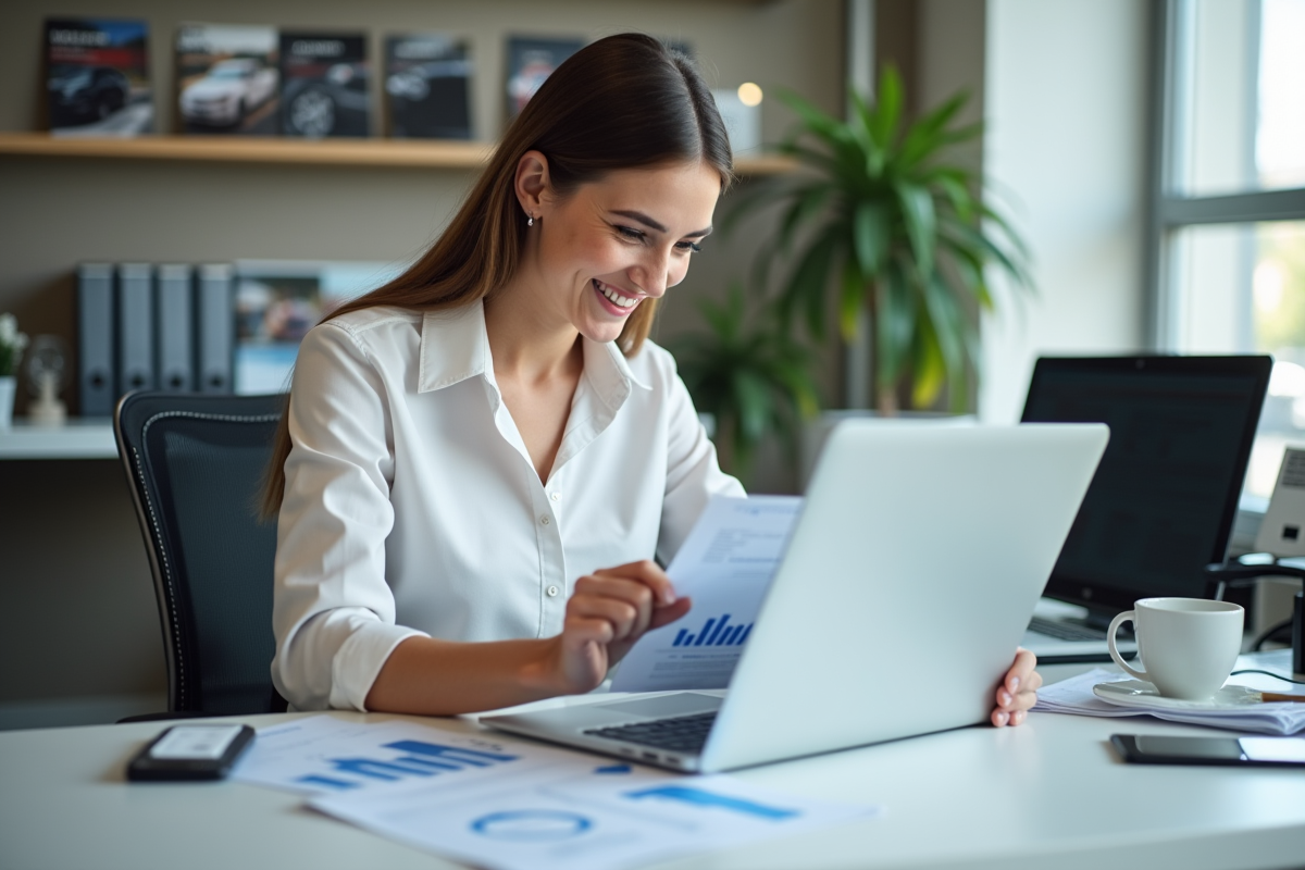 Femme souriante analysant un graphique de vente dans un bureau