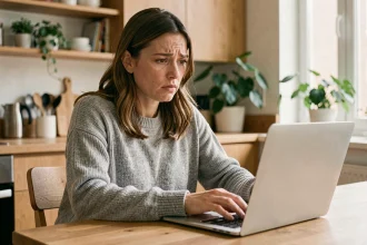 Femme inquiète consultant son ordinateur portable sur la protection de sa vie privée en ligne