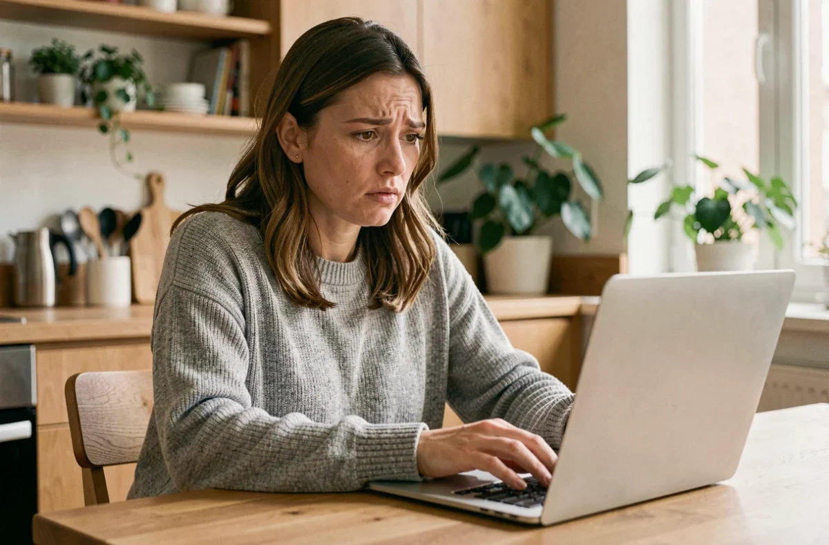 Femme inquiète consultant son ordinateur portable sur la protection de sa vie privée en ligne