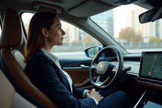 Femme en costume dans une voiture autonome moderne